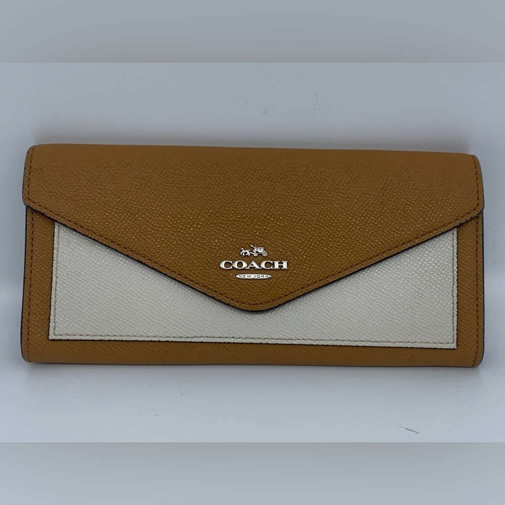 COACH Signature Slim Envelope Style Colorblock Wallet Camel White/Cream Color